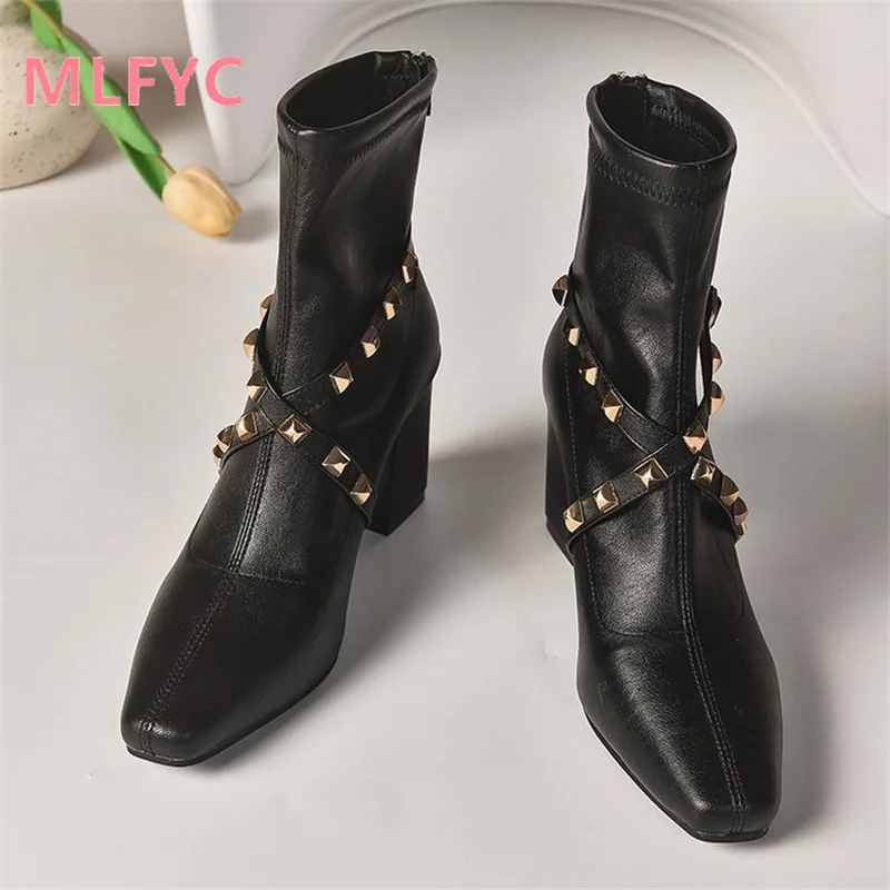 Square head thick heeled short boots for female winter new high heeled fashion boots back zipper fashion rivets for women shoes