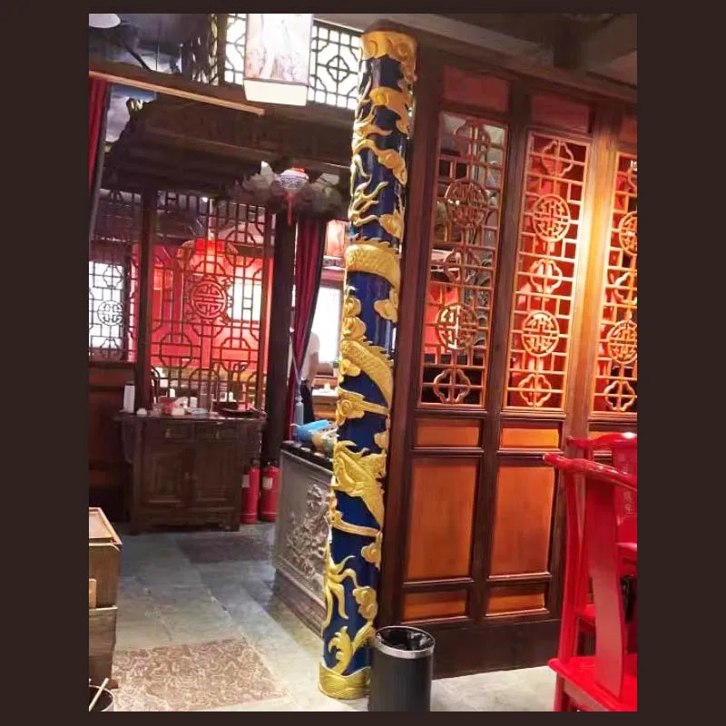 Vintage Chinese Dragon Pillar Wood Carved Applique Onlay Molding Roman Column Decal Furniture Home Decor Niche Decoration