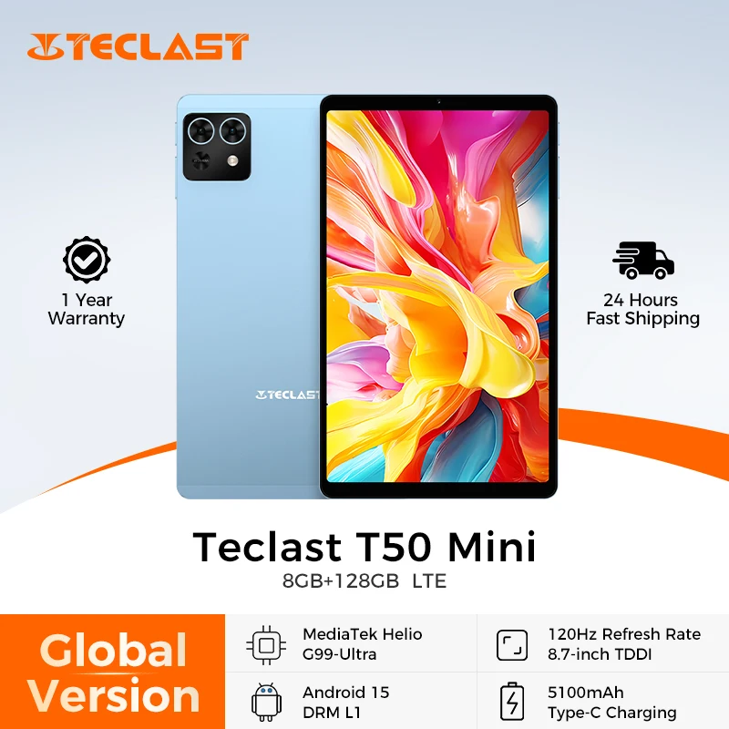 Teclast T50 Mini Tablet 8.7" 120Hz Display MTK Helio G99 20GB RAM (8+12 Virtual) 128GB ROM Android15 Tablets Support 4G Dual SIM