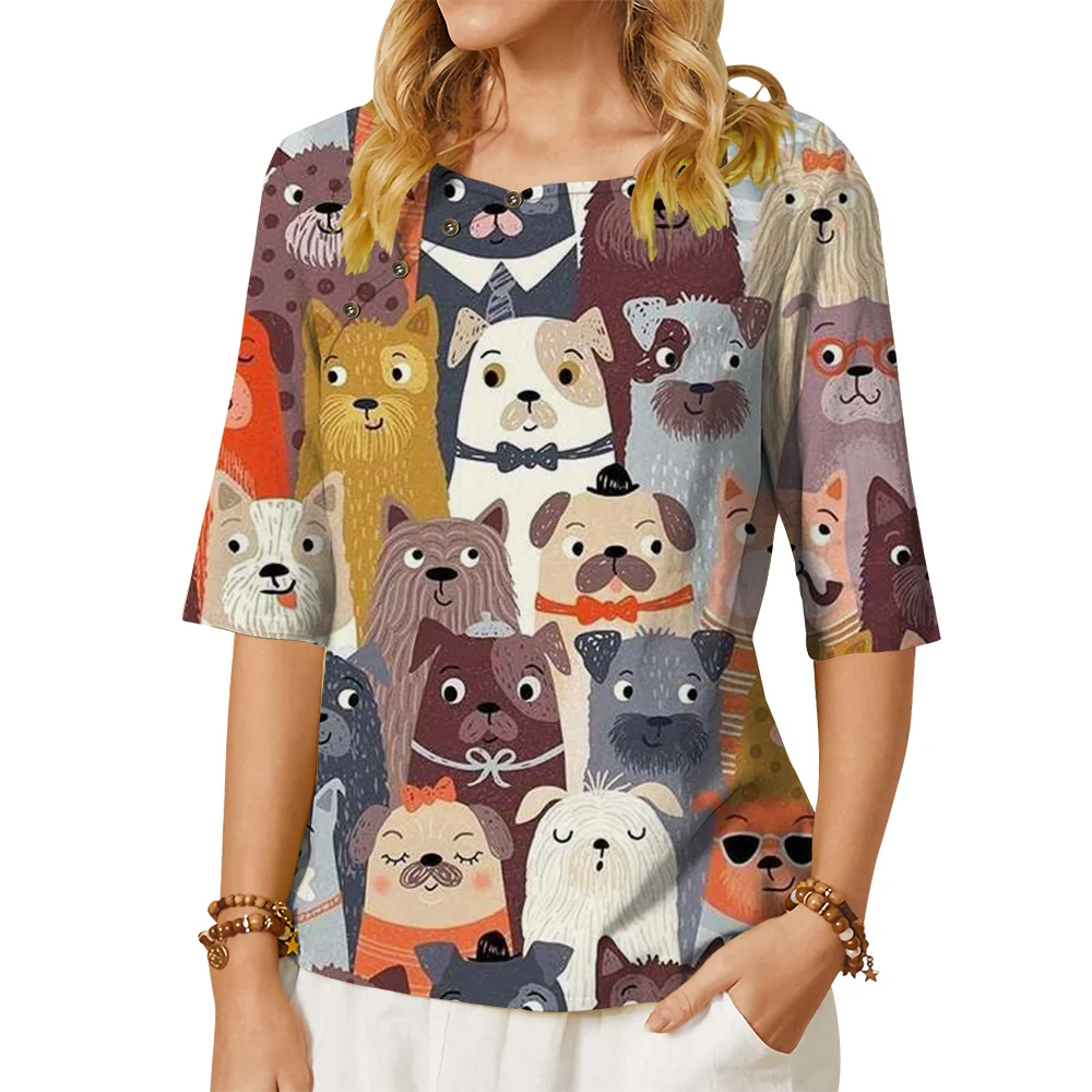 

CLOOCL Women T-shirt Cute Puppy Series Pattern 3D Printed Button Decorate Crew Neck Middle Sleeve Tee Casual Blouse Kawaii Tops