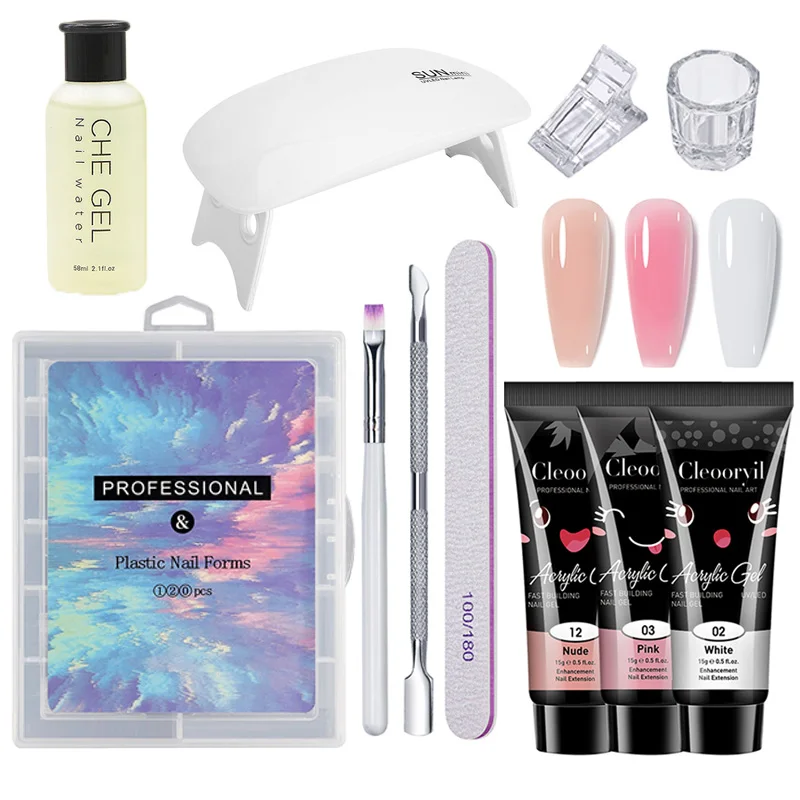 Poly Nail Extension Gel Kit Starter-3 Colors Skin Tone Nude Brown Series Builder Nail Gel All In One Kit With 6W Nail Lamp