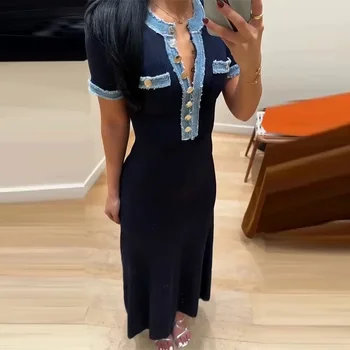 Elegant Denim Long Dress Women Slim Fit Single Breasted Vestidos V Neck Short Sleeve Splice Y2k High Waist Summer 2025 1