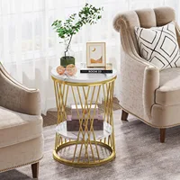 LITTLE TREE Table d'appoint ronde, table d'appoint moderne à 2 niveaux en or blanc avec étagères, pour chambre à coucher, salon (1, blanc et or) 2