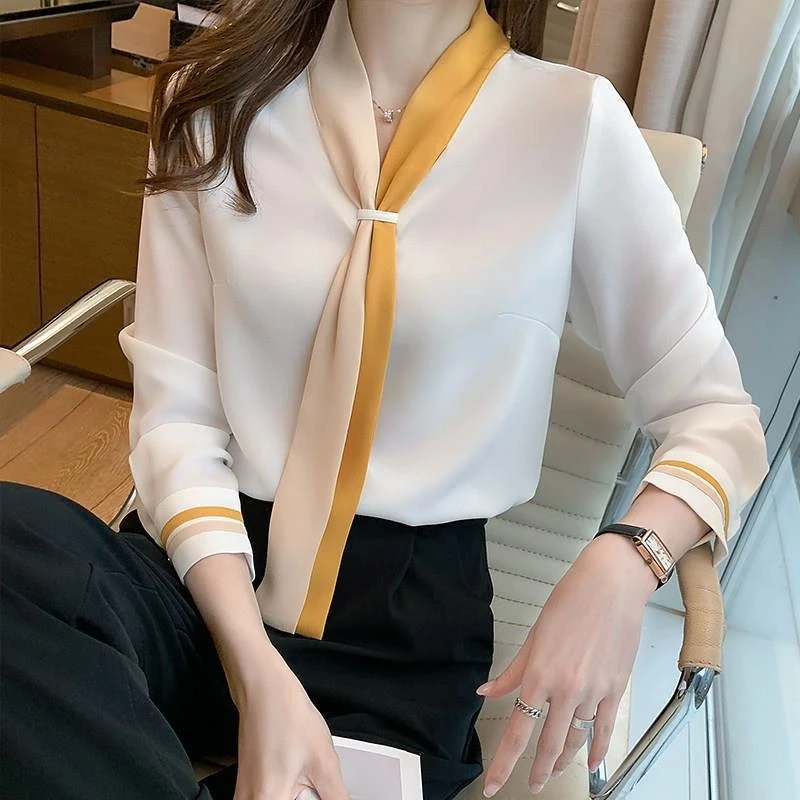 New Autumn Women's Clothing Retro Chiffon V-neck Office Shirt Color Matching Elegant Tie Decorative Casual Blouse Blusas Mujer