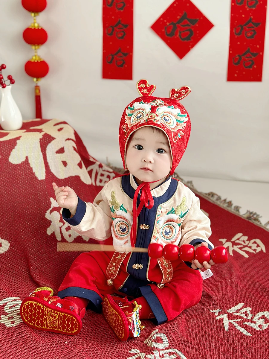 용년 축제 얇은 새해 옷, Zhuazhou 첫 달 100 일 된 코튼 원피스, 새해 옷