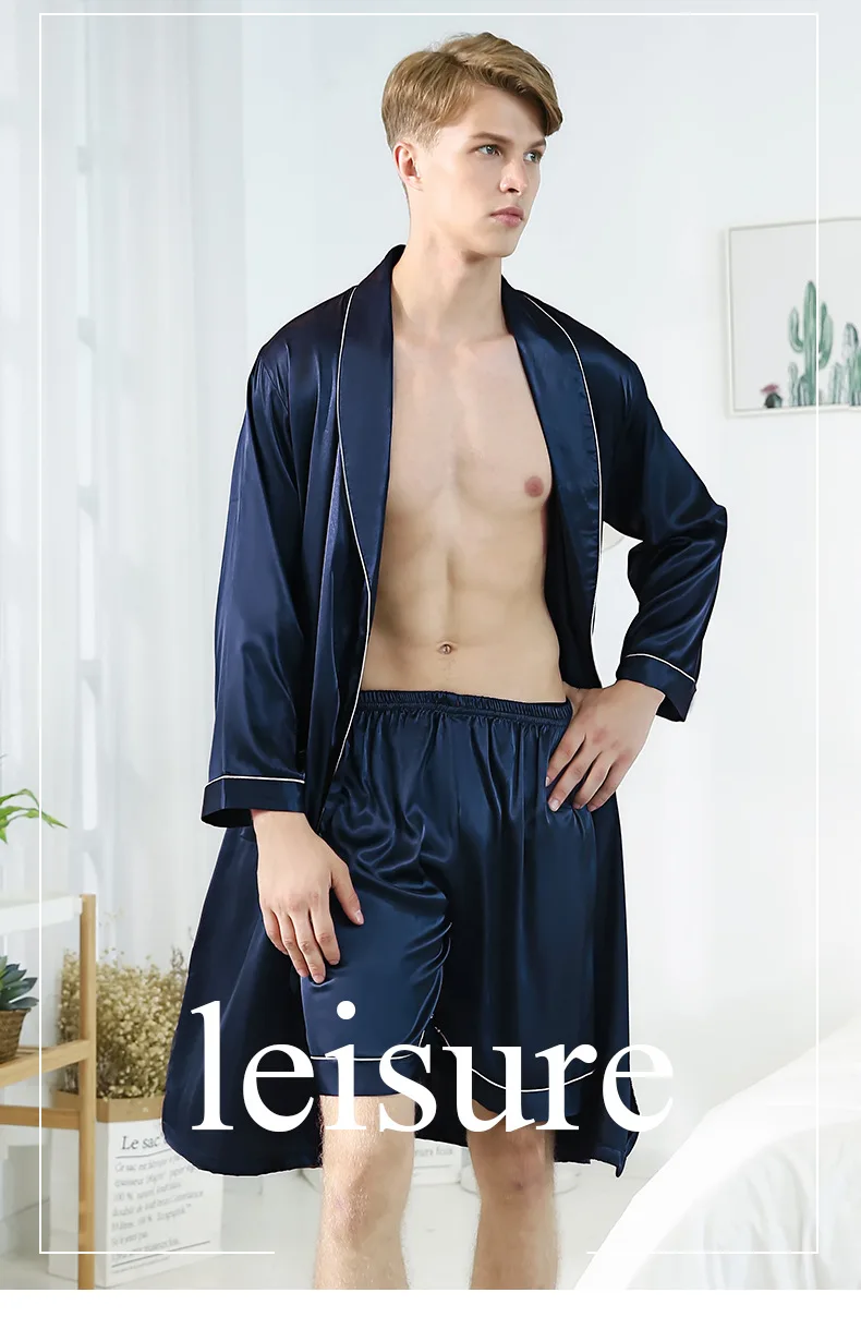 Plus Size Stain Men Pajamas Glossy Silk-like Bathrobe with Shorts Or Pants Sleepwear Nightwear Male Homewear Loungewear plaid pajama pants