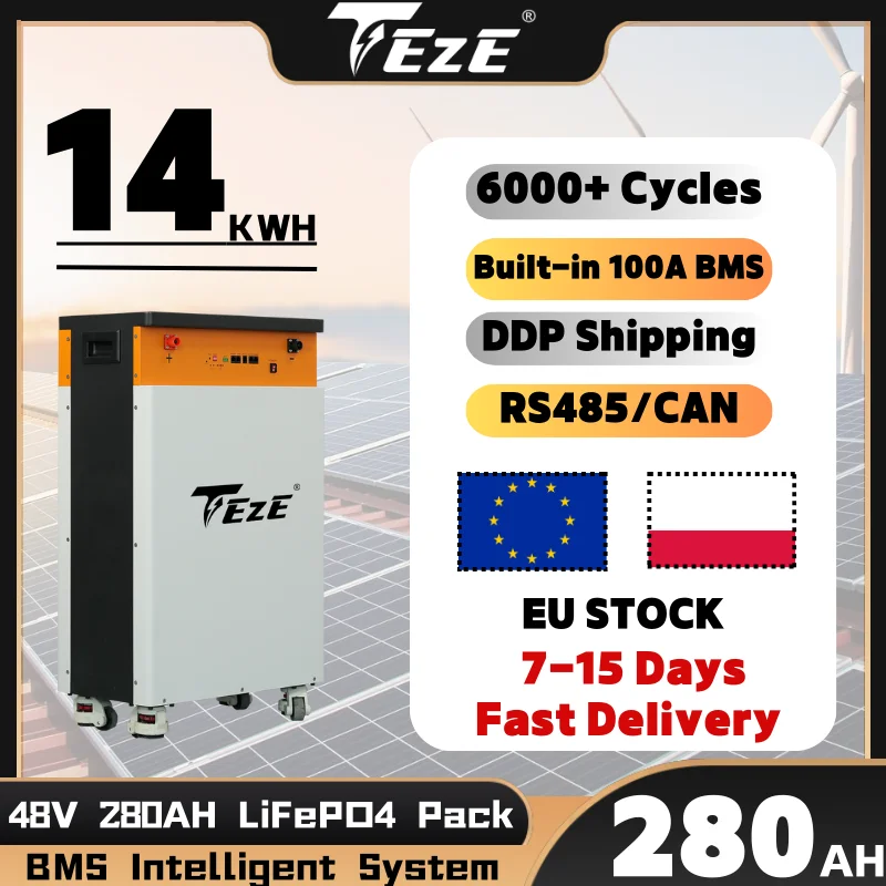 EU STOCK TEZE 48V 280AH 15KWH LiFePO4 Battery Powerwall 51.2V 300AH Built-in BMS With Active Balancer Home Storage 6