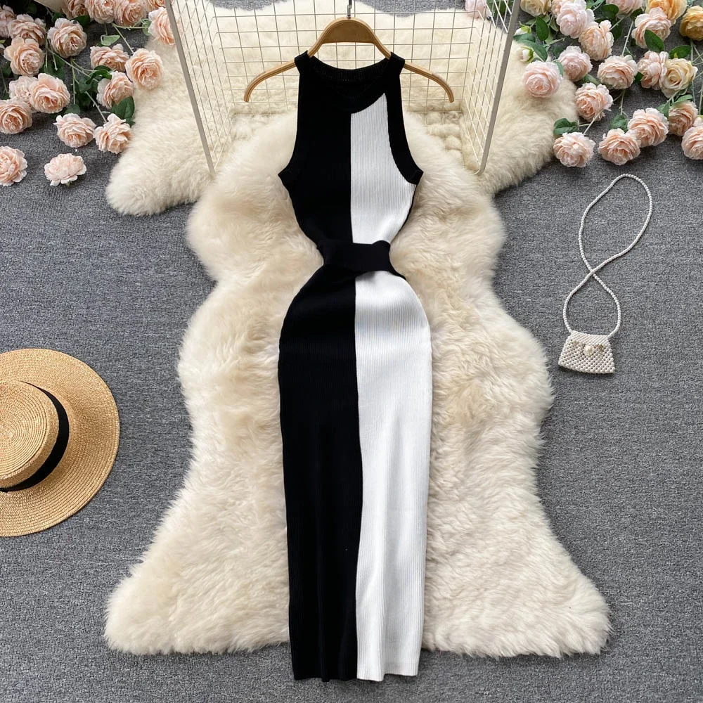 

Sleeveless Halter Knit Bodycon Dress with Belt French Fashion Office Lady Elegant Vestidos Summer Sexy Slim Women Retro Dress