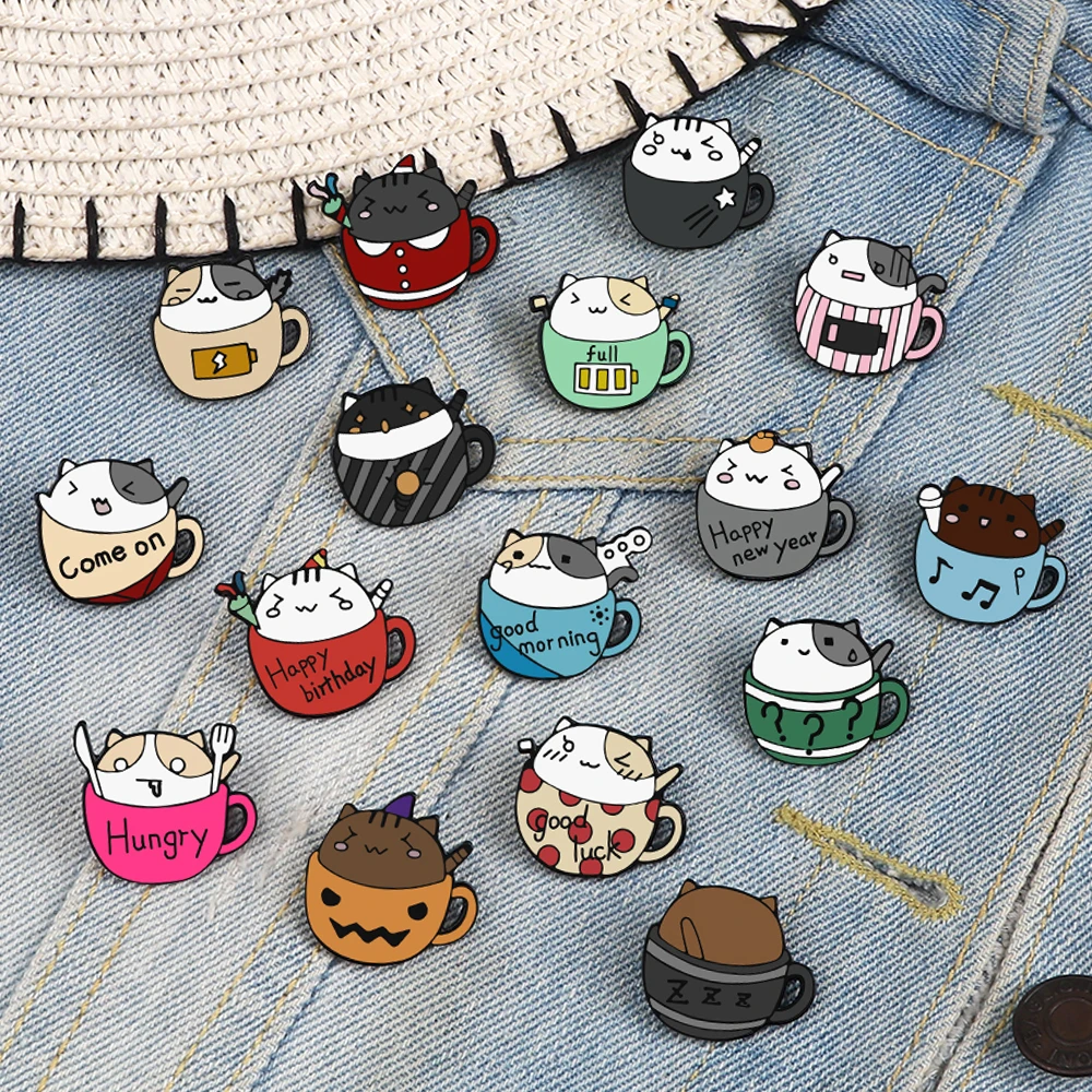16Style Mini Teacup Cat Smalto Pins Cartoon Mew Mew Spille Distintivi Kitty Expression Language Spilla Gioielli Regalo Per Gli Amici