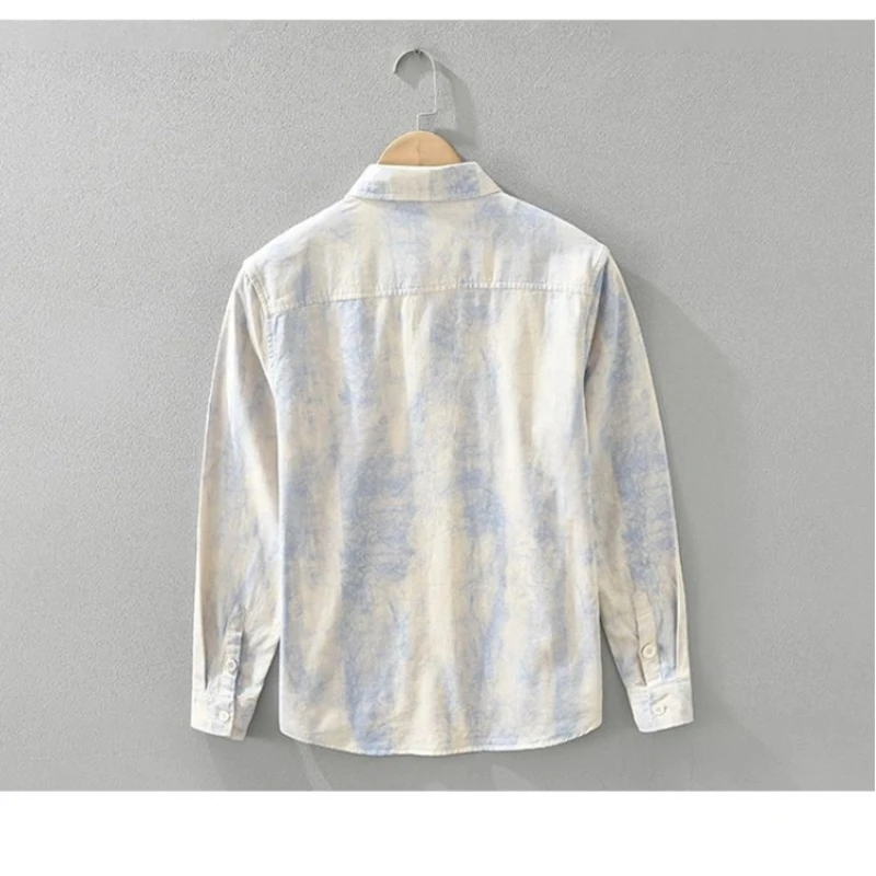 التعادل صبغ الرجال كم طويل فضفاض زر شارع العليا بلوزة ربيع الخريف بولو الرقبة طباعة قميص الموضة بلايز ملابس الرجال عادية