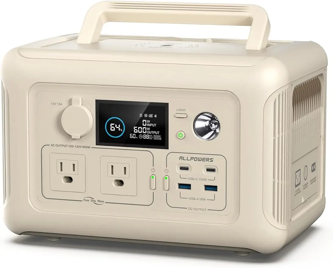 

ALLPOWERS R600 BEIGE 299Wh 600W Portable Power Station, LiFePO4 Battery Backup with UPS Function, 1 Hour to Full 400W Input, MPP