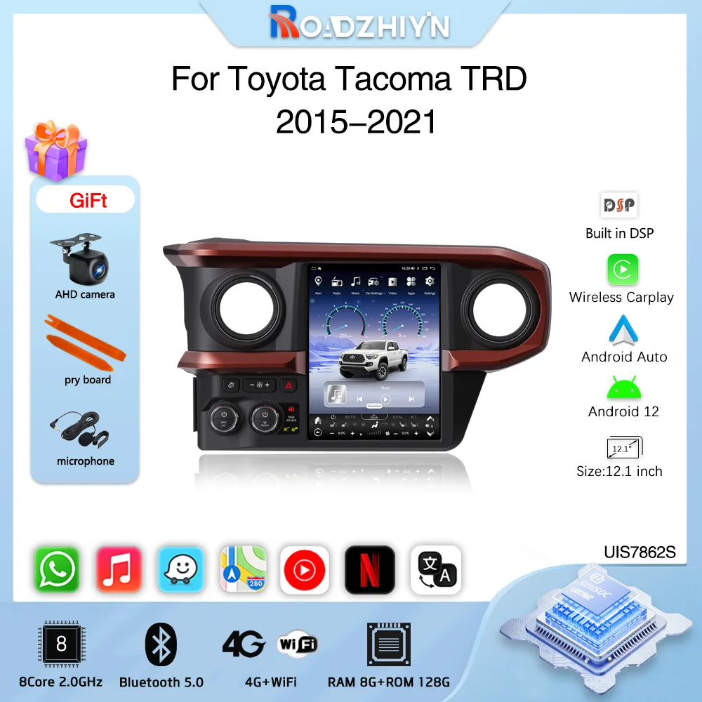 

Автомобильный мультимедийный видеоплеер 12,1 дюйма для Toyota Tacoma TRD 2015 2016-2021 GPS-навигация Android 12 автомобильное радио Carplay 4G хост 8 ядер