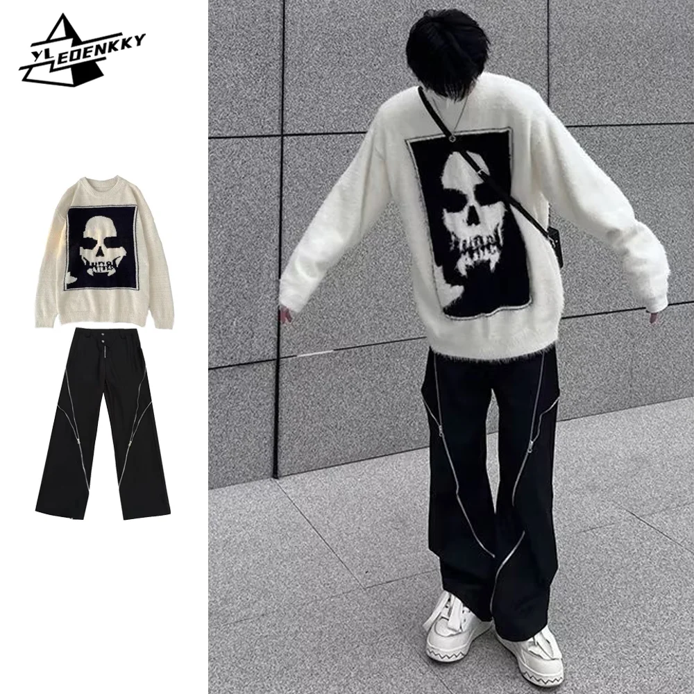 

Vibe Style American Set Men Women Hip Hop Skull Jacquard Loose Sweater+High Street Zipper Straight Casual Trousers Two-piece Set