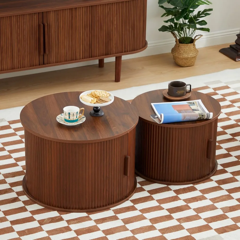 Modern Round Coffee Table Set of 2 with Storage Compartment and Sliding Door, Side End Accent Table for Living Room, Bedroom 5