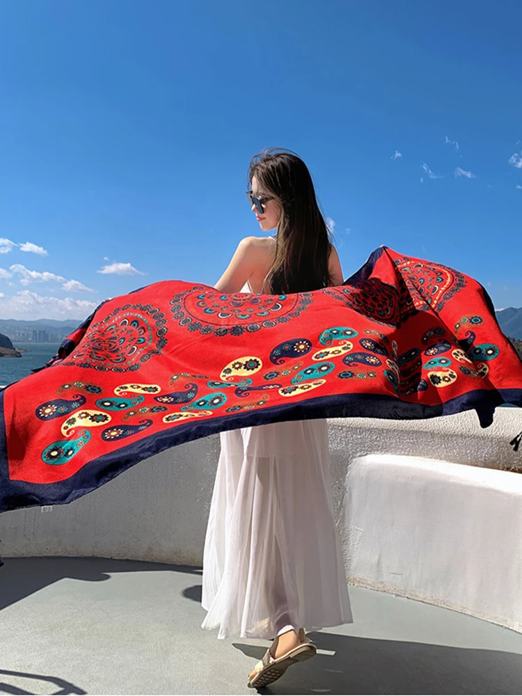 New Summer Elegant Women Silk Scarf Beach Wrap Shawl Vintage Red Print Lady Sunscreen Bandana Long Hijab Mujer Boho Scarve Pareo 6