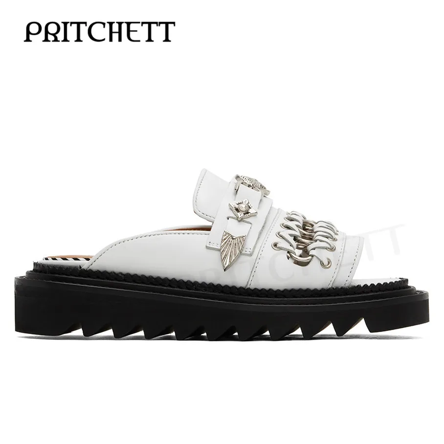 Retro Belt Buckle Open-Toe Slippers Black and White Round Toe Lace-Up Ring Platform Sandals Casual and Comfortable Women's Shoes
