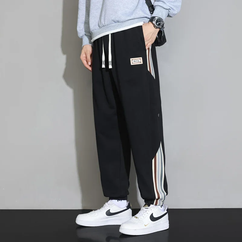 

Hong Kong Wind Loose Straight Drum Drawstring Striped Micro Elastic Mid Waist Wide Leg Remote Casual Pants for Men Autumn
