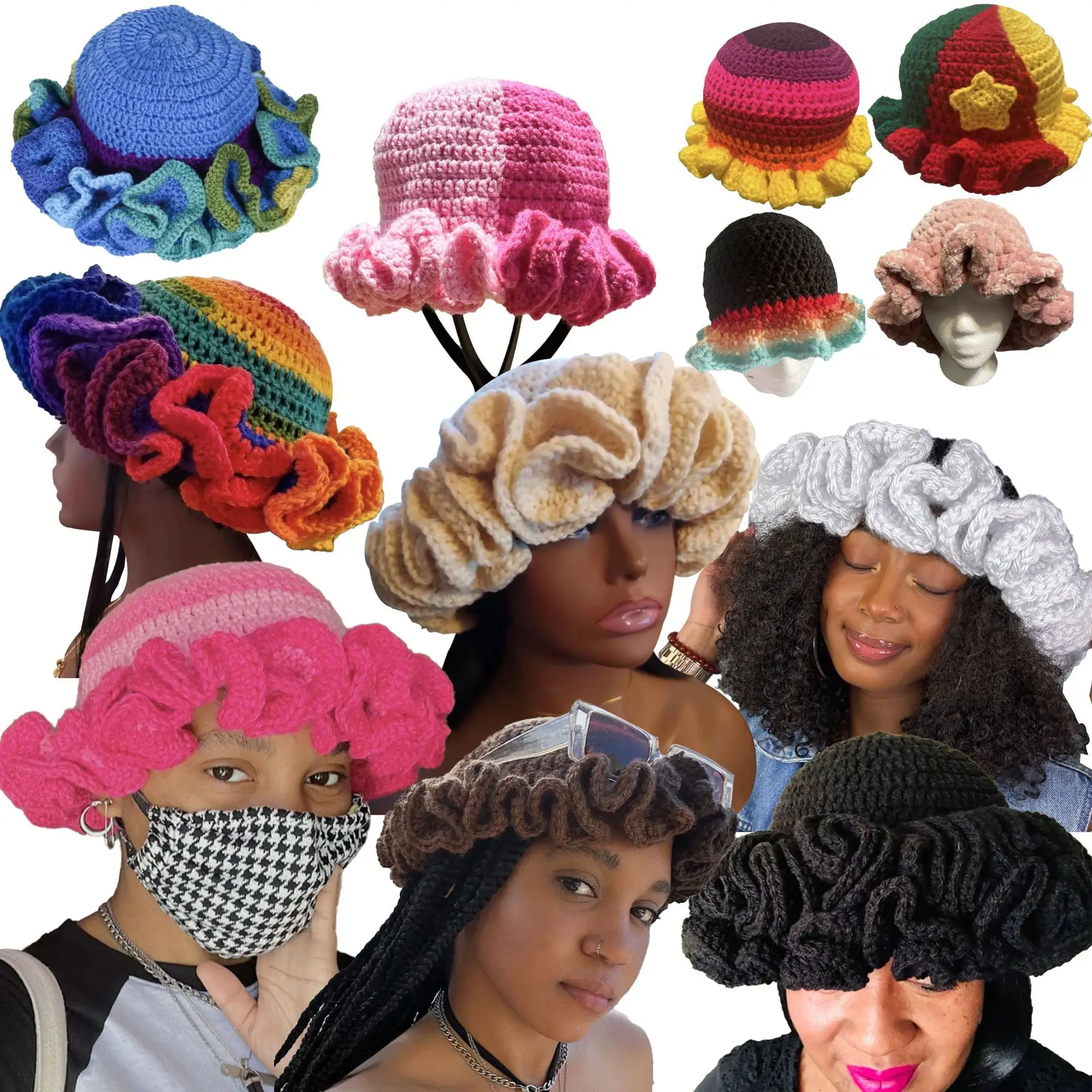 

Crochet Knitted Women Hats Handmade Ruffles Striped Brim Fisherman Hat 2024 Summer Holiday Beach Windproof Hat