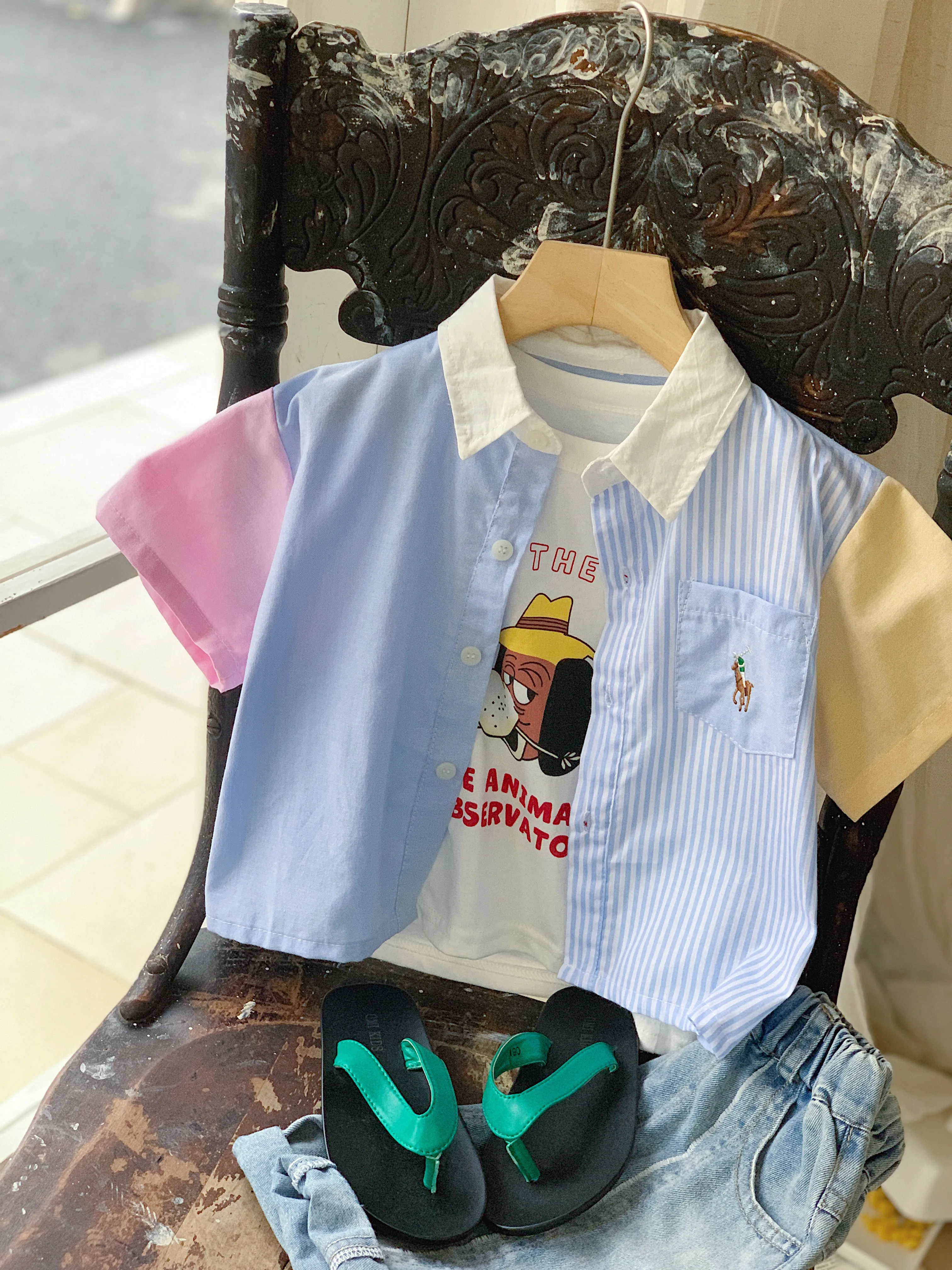 Children's short sleeved shirt with added sugar summer new product, boys' color blocked shirt, Korean version, children's c