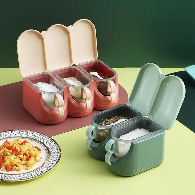 1Set Household Multi Grid Seasoning Box with Spoon,Divided Grid Seasoning Box,Kitchen Seasoning Box, Color Blocked Seasoning Box