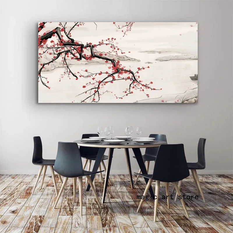 Cinese Tradizionale Plum Flower Mountain River Landscape Print Art Canvas Poster Per Soggiorno Decor Home Wall Picture