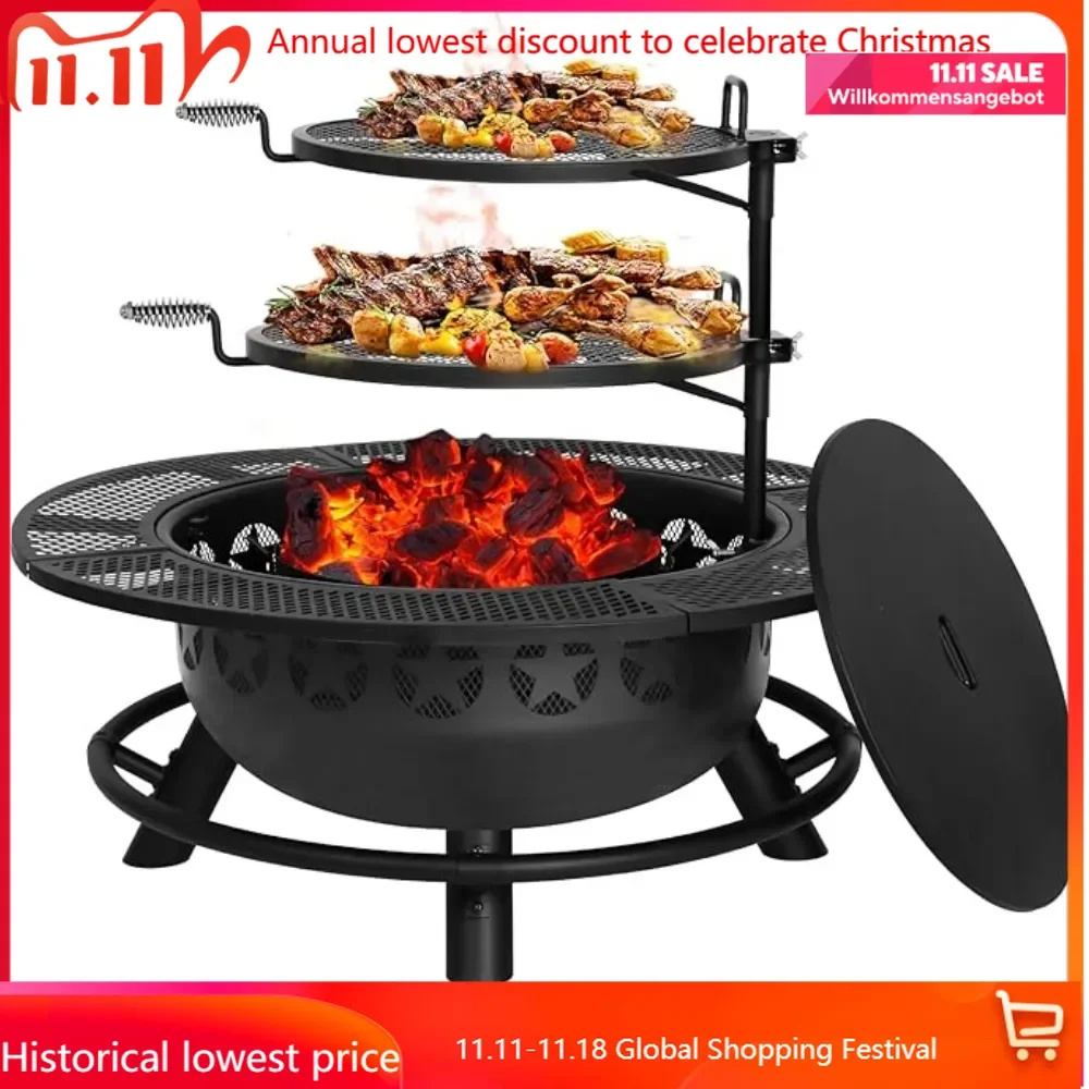35 Inch Fire Pit with Cooking Grate & Charcoal Pan, Outdoor Wood Burning BBQ Grill Firepit Bowl with Cover Lid,Steel Round