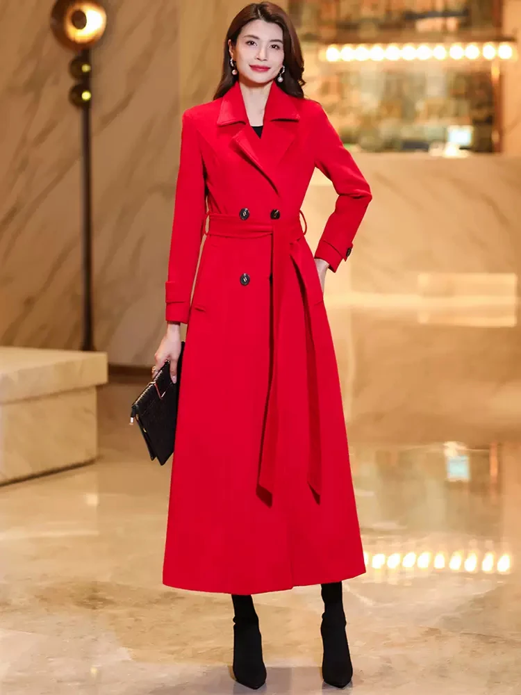 New Women White Woolen Overcoat Autumn Winter Elegant Fashion Suit Collar Lace-up Slim Wool Blended Coat Overlength Outerwear