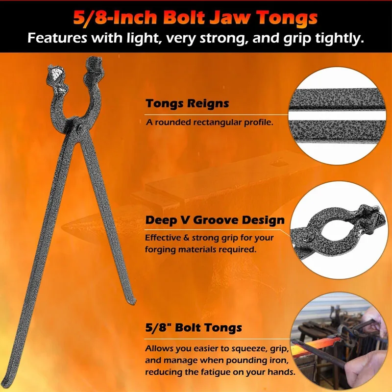 Blacksmith Tongs 5/8-Inch Bolt Jaw Tongs for Railroad Spikes, Round and Square Bar