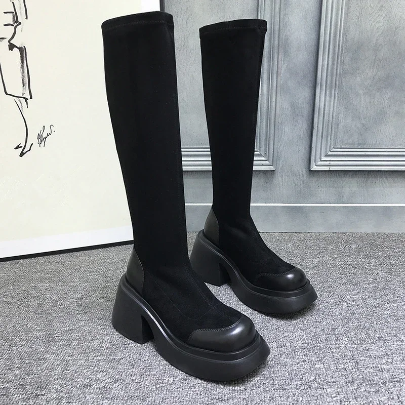 New Women Boots Platform Knee High Shoes Sexy Heels Shoes Autumn Winter Ladies Fashion Designer Boots Punk Long Faux Suede Botas