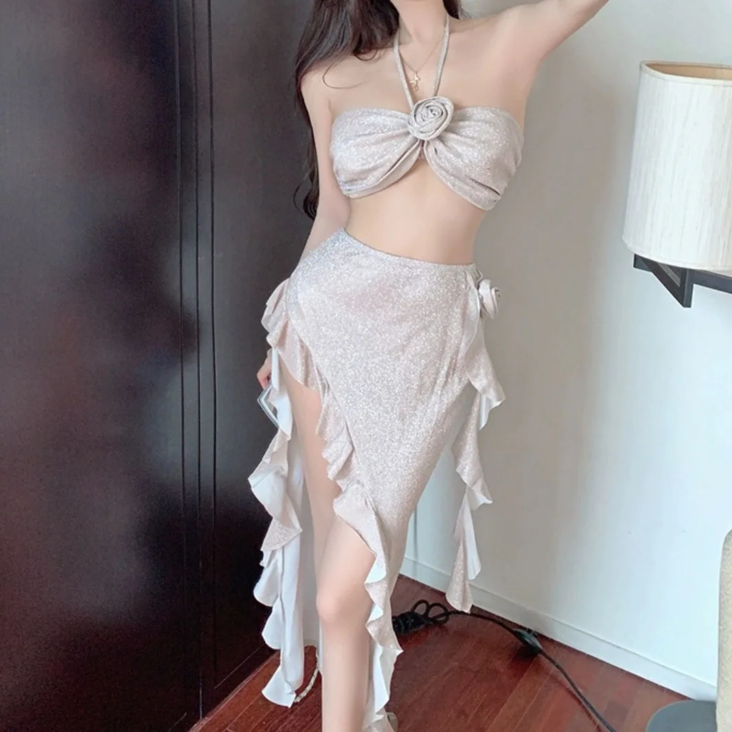 

Костюм для тренировок по танцу живота женский, праздничный пикантный топ с бюстгальтером и юбка, костюм для пляжа и вечеринки, трикотажная Милая юбка