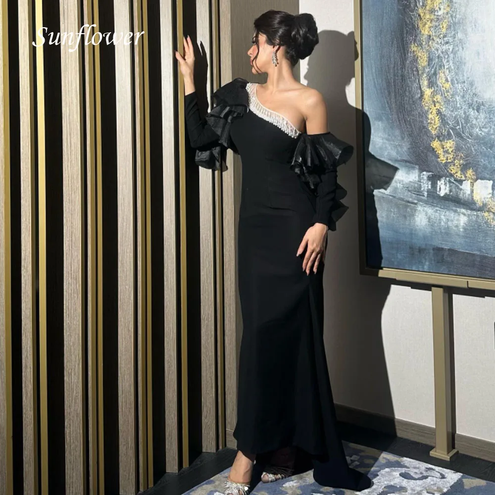 

Sunflower Simple Black One-Shoulder Beading Evening Dress 2023 Satin Slim Long sleeve Mermaid High-end Custom Gown Floor-Length