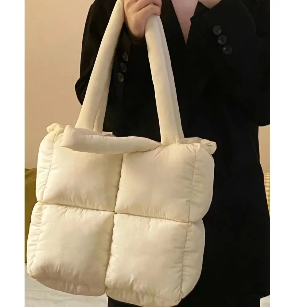 Puffy Padded Tote Quilted Women Designer Handbags Down Space Shoulder Bag Winter Warm Soft Cotton Shopper Bags for Women Purses