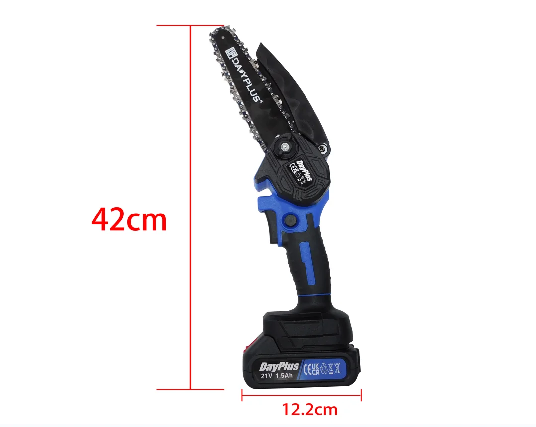 6-Zoll-Akku-Kettensäge mit 2 Batterien, 2 Chians, 600-W-Motor, tragbar, leicht, 5300 U/min, Schneiddurchmesser 0–80 mm – Detail 1