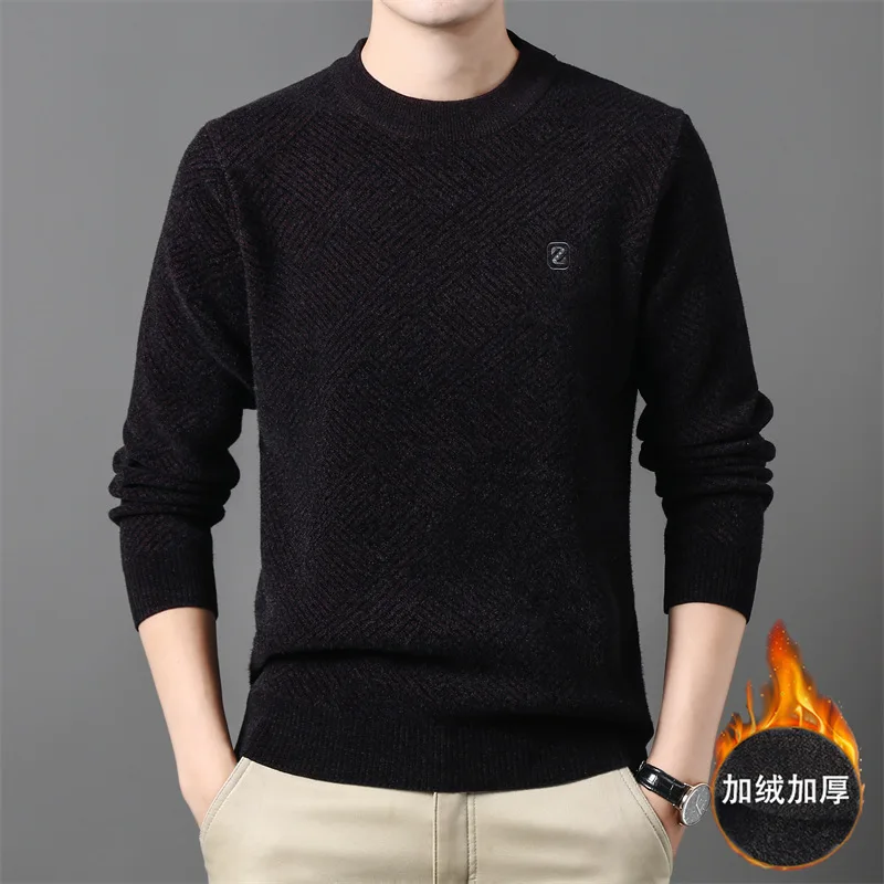 Autumn and Winter Solid Color round Neck Medium Thick Sweater Korean Style Rhombus Jacquard Casual Sweater Warm Shirt Men