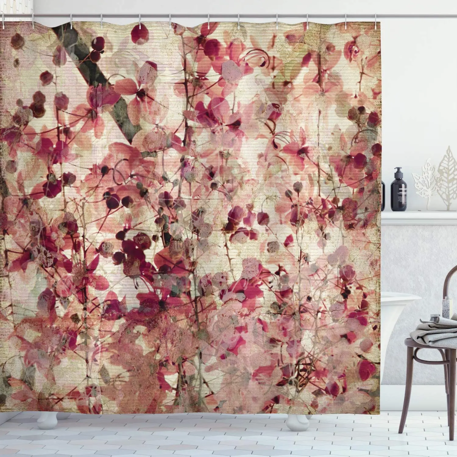 

Antique Shower Curtain, Grungy Effect Cherry Blossoms on Ribbed Bamboo Retro Background Floral Art Work, Cloth Fabric