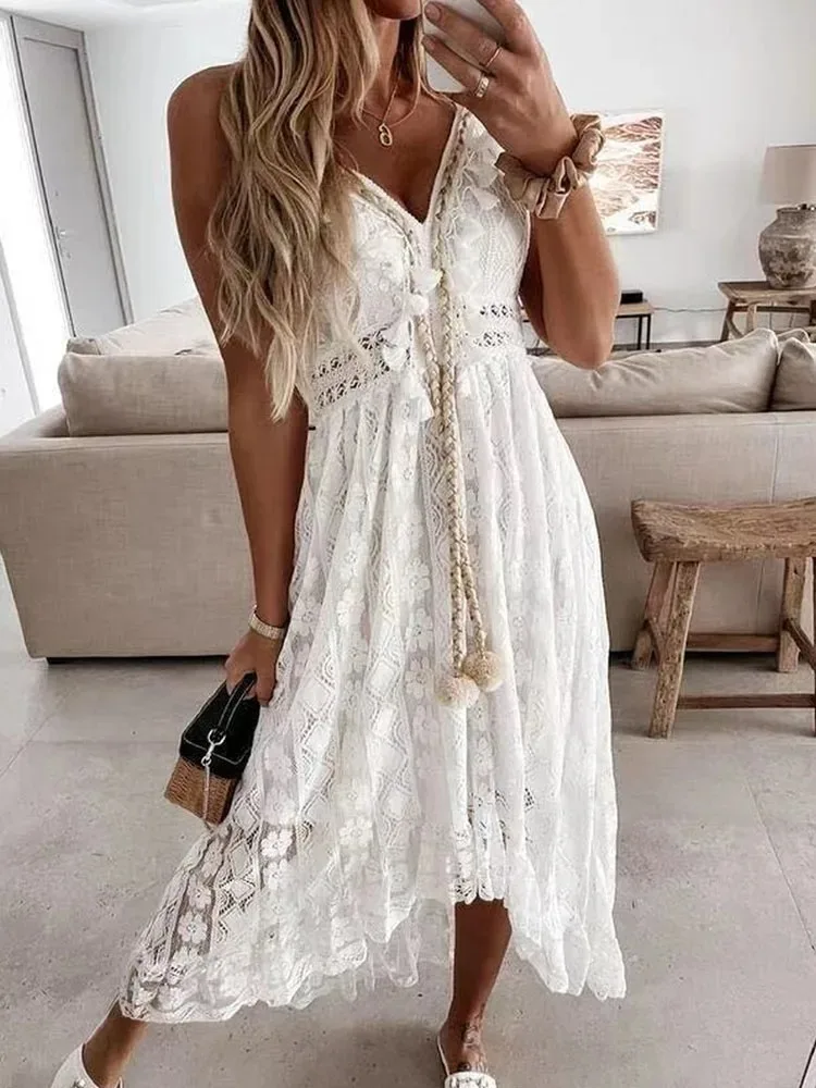 Women's V-neck Slim Shoulder Strap Sun Skirt Hook Flower Hollow Out Elegant Women's Vacation Bohemian Style Lace Dress 22194
