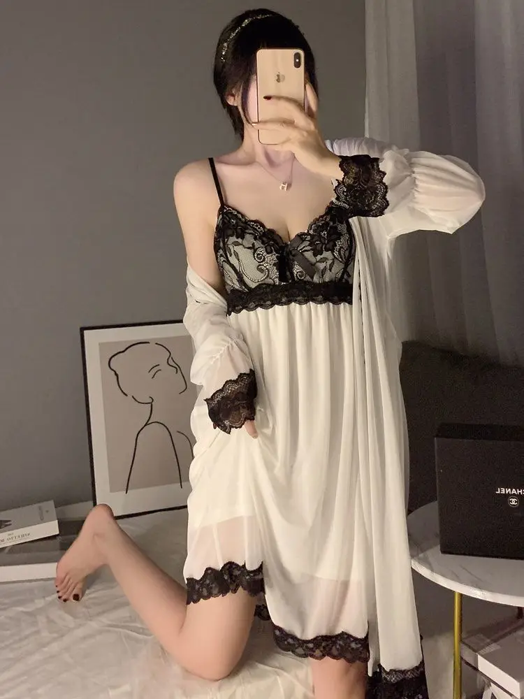 2pcs Nightgowns Women Sexy Lace Nightdress French Fairy Court Pajamas Sleep Home Dressing Gown Summer Pajama Sleepwear Nightwear