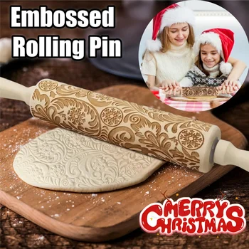 Embossed Rolling Pins for Christmas Pattern Flower Snowflake rattan Wooden Roll Pin DIY Tool Rolling Pin for Make Cookie Dough