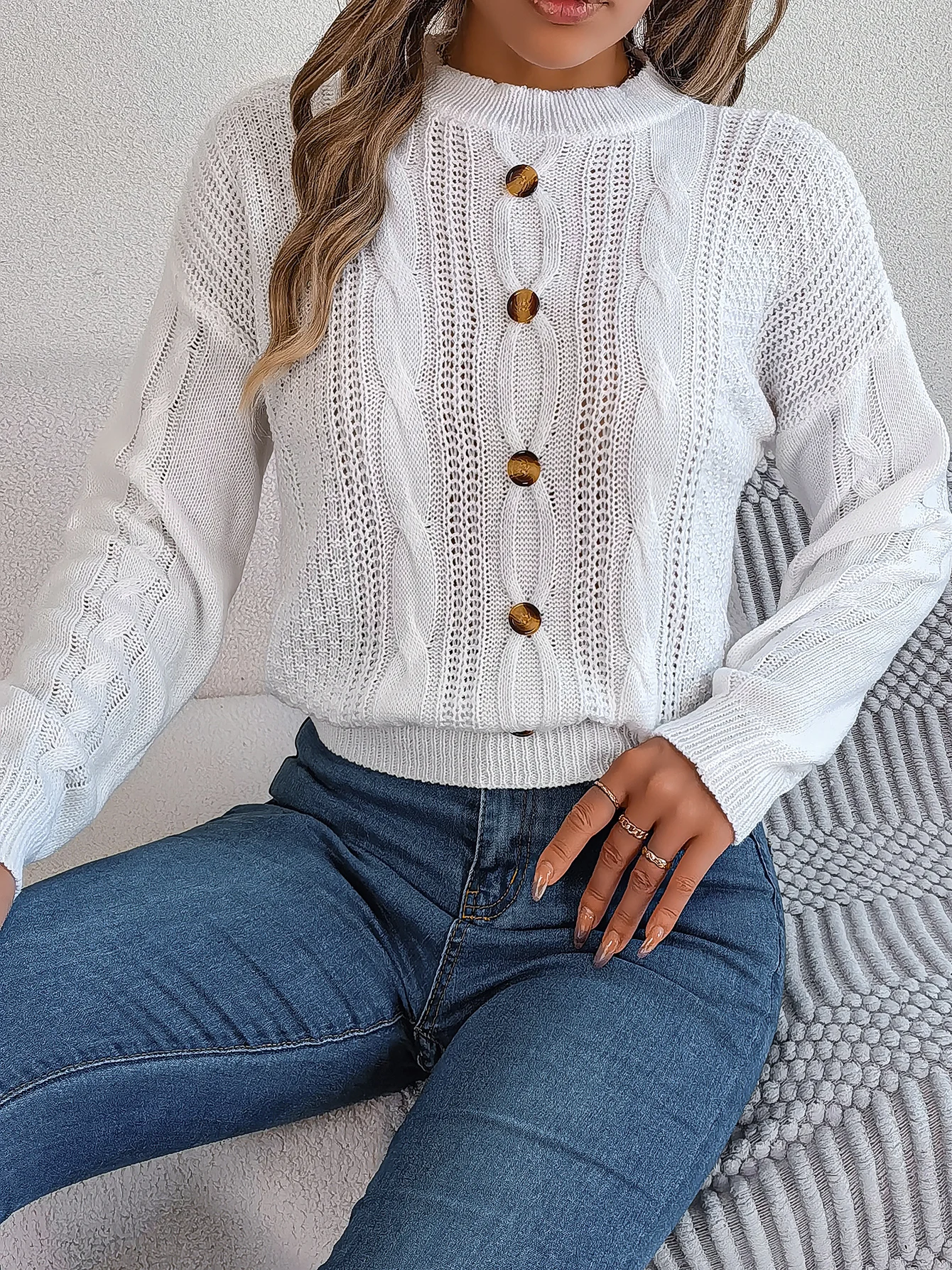 Women Solid Color Knitted Sweater Long Sleeve Pullover