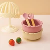 3PCS Baby Silicone Dinner Set Cartoon Lion Shape Suction Bowl Wooden Handle Spoon Fork Soft Utensils Pure Color Baby Tableware 3