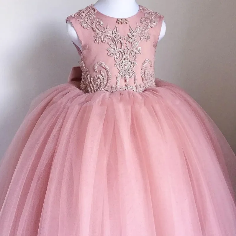 Flower Girl Dresses Rose Pink Gold Sequins Lace Crew Neck With Bow Fit Wedding Party Birthday Princess Gowns