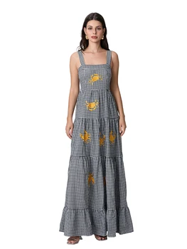 Women s Boho Floral Print Spaghetti Strap Maxi Dress V-Neck Sleeveless Summer Beach Dress with Tiered Skirt and Embroidery 4