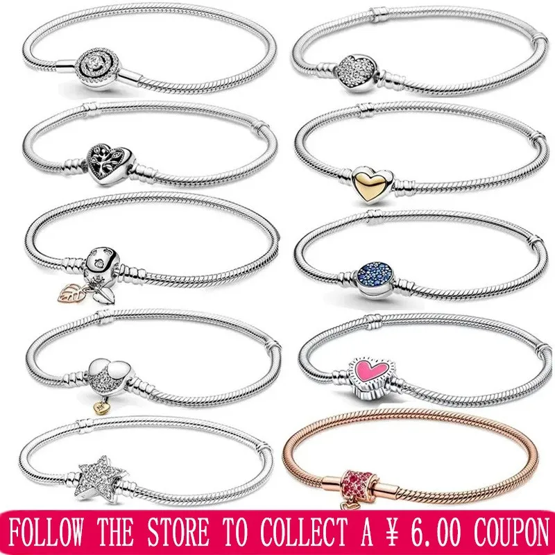 Women's High Quality Gift 925 Sterling Silver Original Logo Moments Series Sparkling Heart Chain Buckle Snake String Bracelet