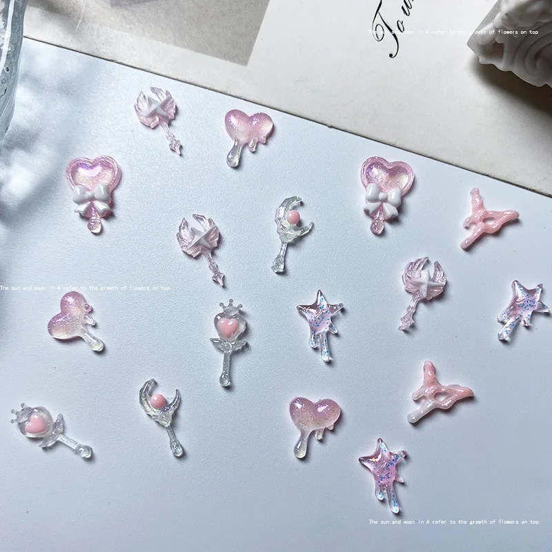 50pcs 뷰티 소녀 매직 스틱 네일 참 액세서리 3D 수지 네일 부품 핑크 글로우 러브 보우 매듭 홀 네일 아트 데코 용품