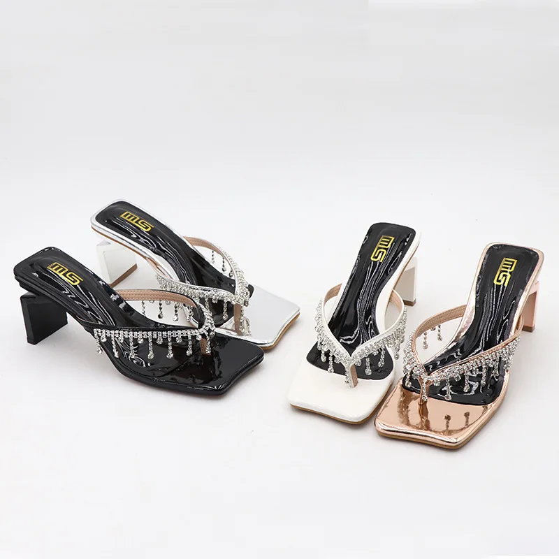 Square heel shoes woman s slippers glitter slides heeled mules big size
