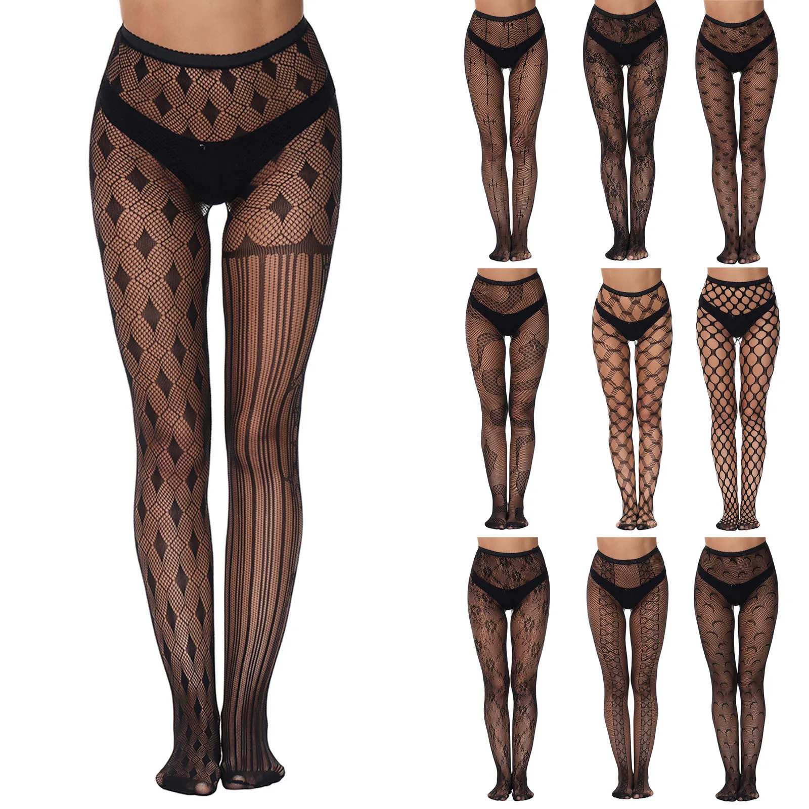 

Women Black Dot Jacquard Fishnet Pantyhose Punk Hollow Out Tights Black Heart Dot Jacquard Stocking Cosplay Party Lingerie