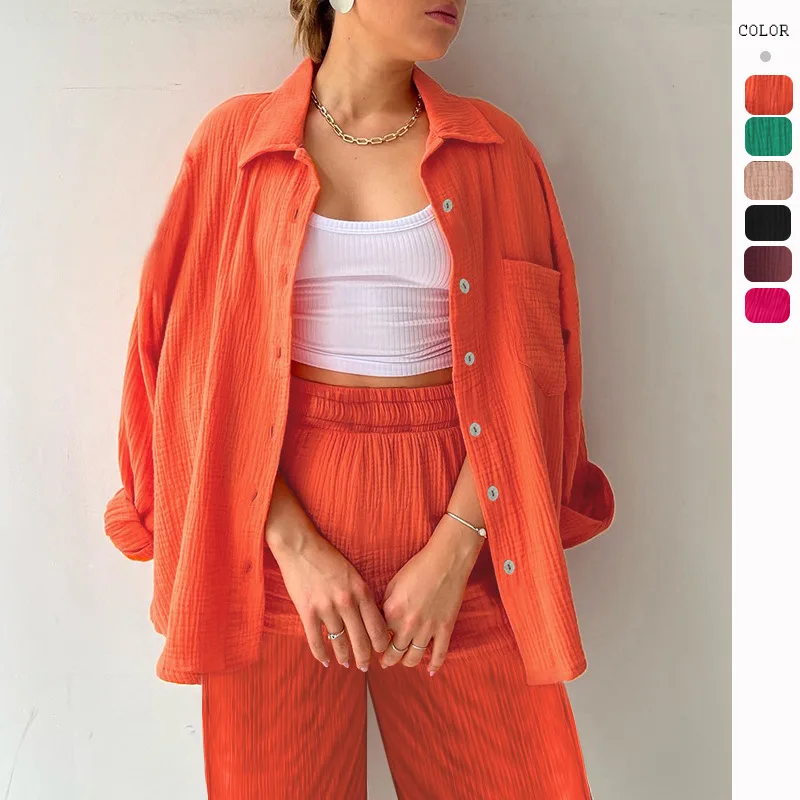 

Champray Lapel Long Sleeve Shirt Trousers Fashion Casual Set Women