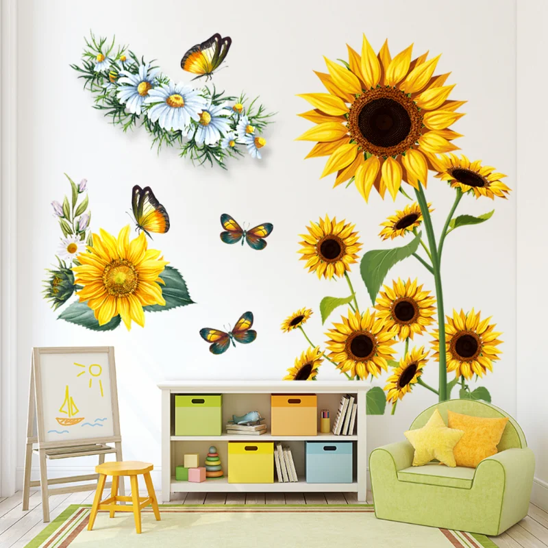 

2pcs Sunflower Butterfly Wall Stickers Self-Adhesive Wallpaper For Living Room Bedroom Corridor Decoration Wall Decal Home Decor