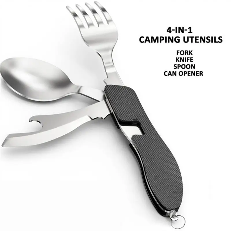 Camping Cutlery Set Stainless Steel 4-In-1 Foldable Tablespoon Set Spoon Knife Fork Bottle Opener Folding Pocket Kits Outdoor Camping Tableware Set