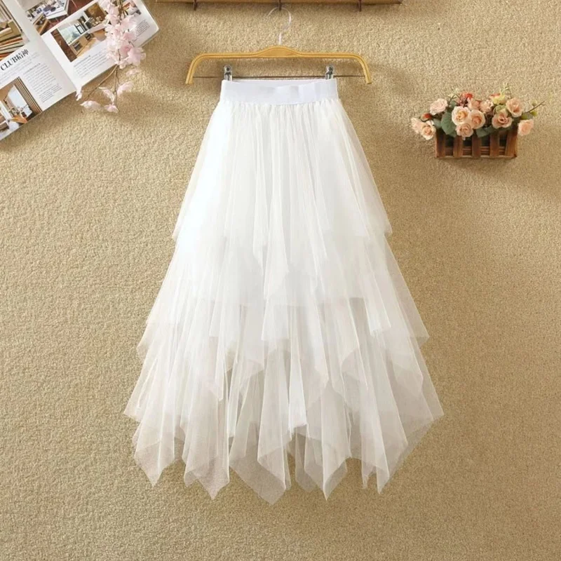 Description Picture 5 of itemTulle Skirts for Women 3 Layered High Low Asymmetrical Midi Length Elastic Waist A-line Mesh Tutu Skirt White Black Pink Gray